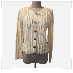VTG (90's) CAMBRIDGE SPIRIT • Cream Open-Knit Buttoned Cardigan.  Sz Small